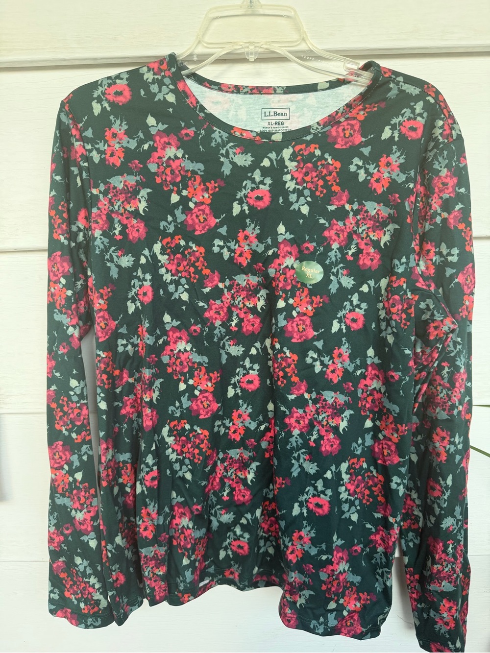 L.L. Bean 100% Supima Cotton Long-Sleeve Floral Tee - Green & Pink - XL Regular
